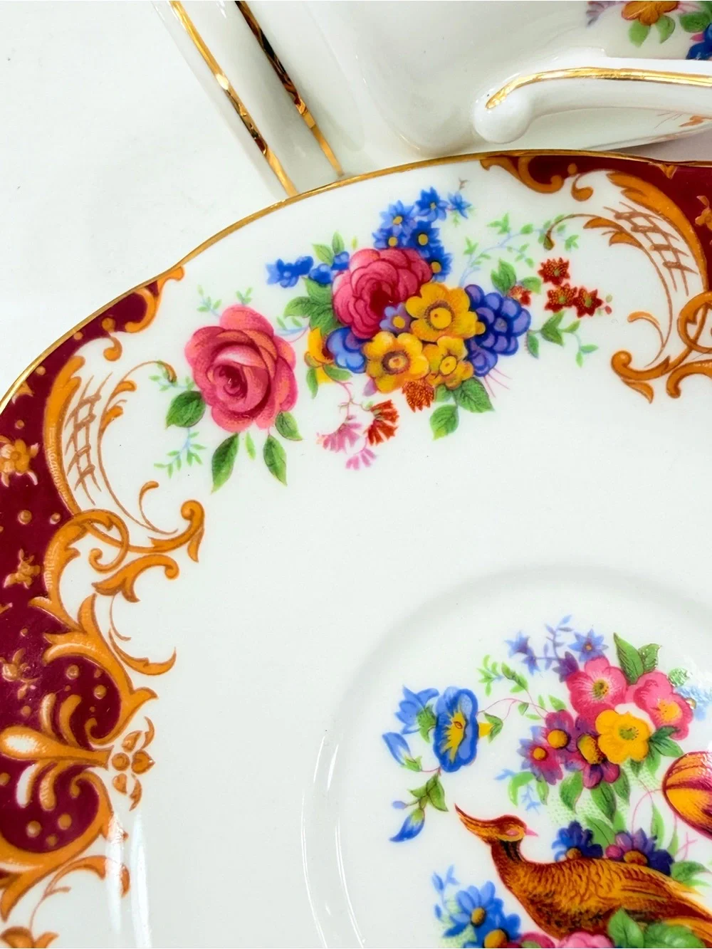 Vintage Paragon Rockingham Fine Bone China Tea Cup & Saucer Set Red Flower Bird